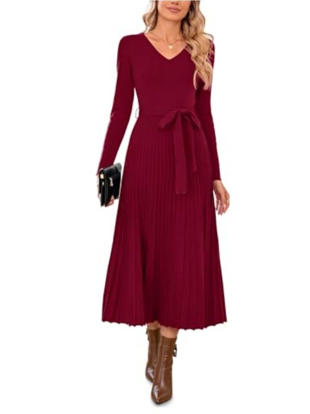 Wool Blended Sweater Dress Long Sleeve V Neck Tie Waist Pleated A Line Midi